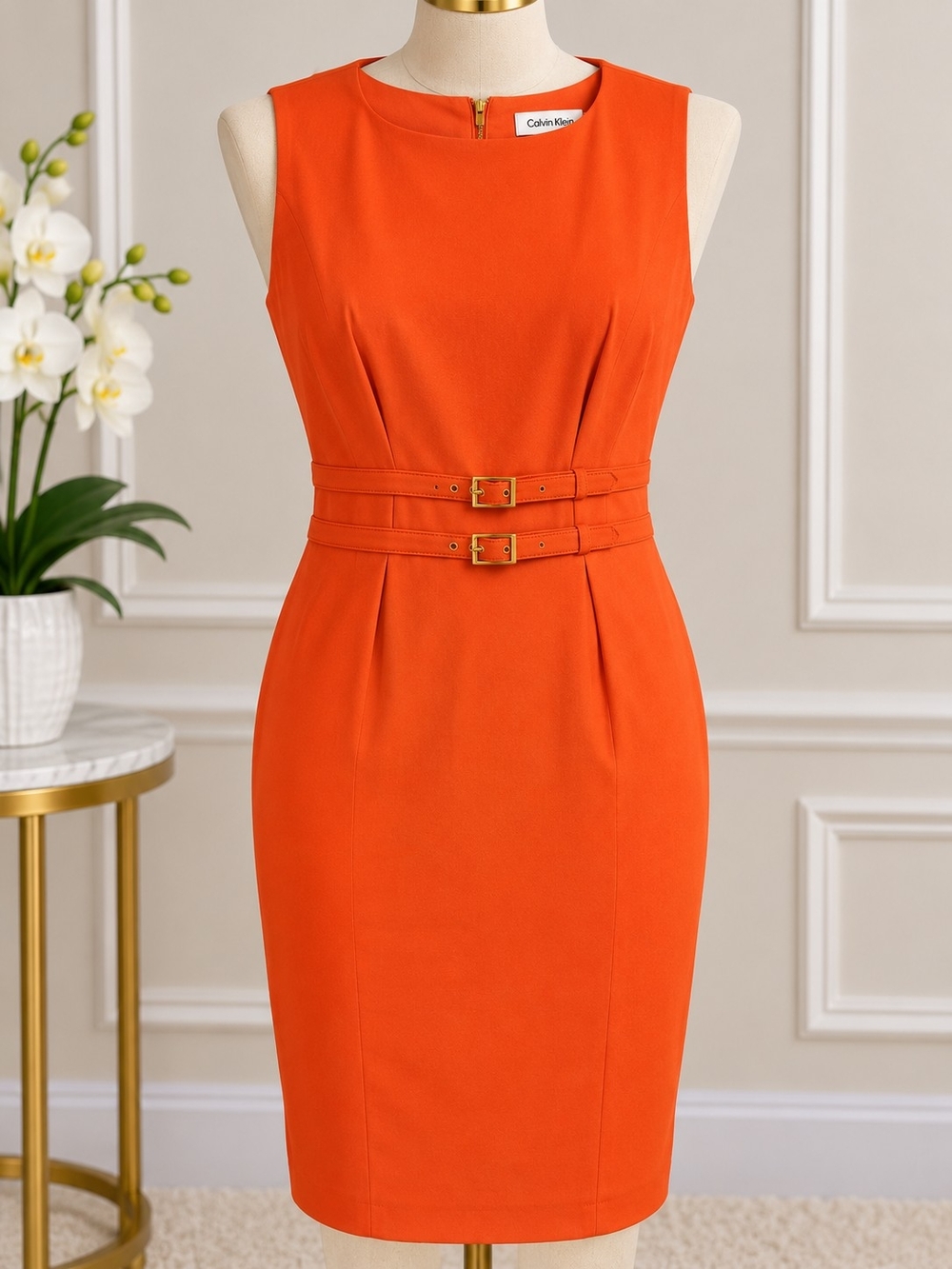 Calvin Klein Orange Double-Belt Sheath Midi Dress